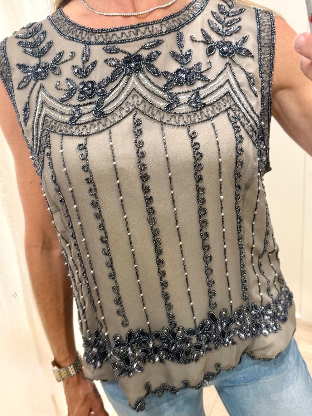 Papell Boutique Silk Beaded Art Deco Top XL Taupe Gray Evening Cocktail